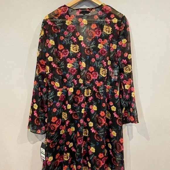 NWT Rachel Rachel Roy Black Mini Floral Chiffon Dress with Bell Sleeves Size L - Picture 5 of 8